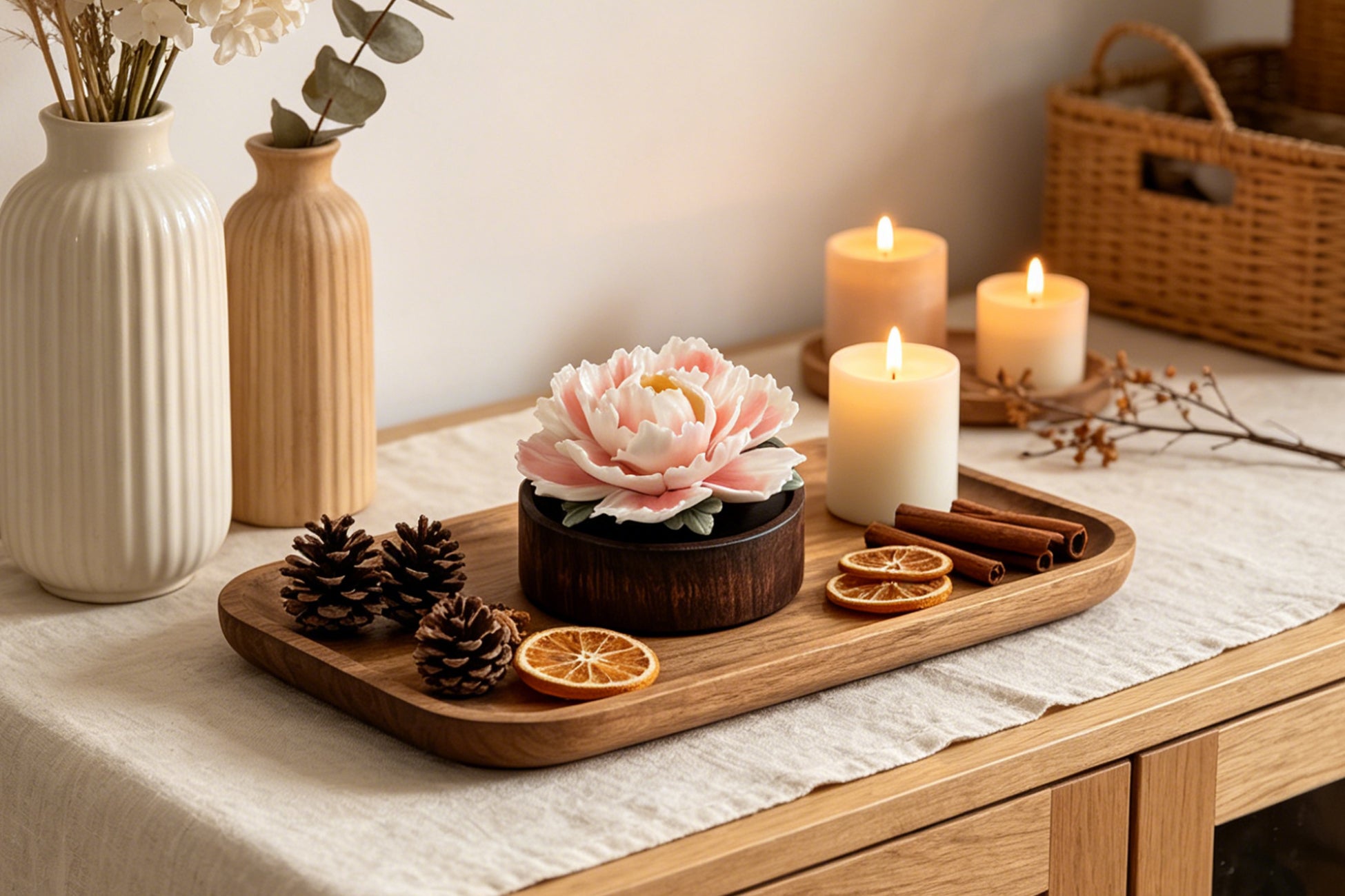 【HS0204】Hand-Sculpted Peony Ceramic Essential Oil Diffuser - Waterless & Silent