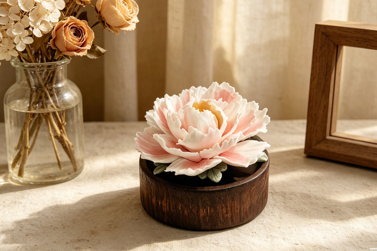 【HS0204】Hand-Sculpted Peony Ceramic Essential Oil Diffuser - Waterless & Silent