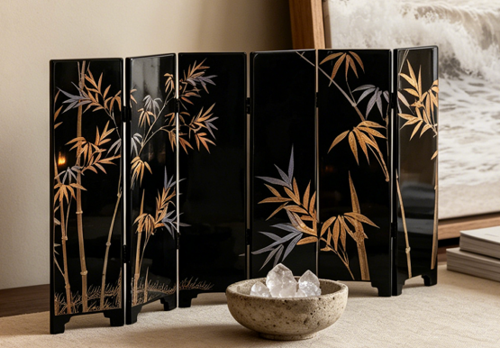【HS0326】Serenity of the East | Double-Sided Lacquer Tabletop Screen with "Flower,Birds & Bamboo" patterns