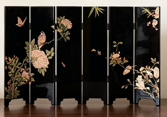 【HS0326】Serenity of the East | Double-Sided Lacquer Tabletop Screen with "Flower,Birds & Bamboo" patterns