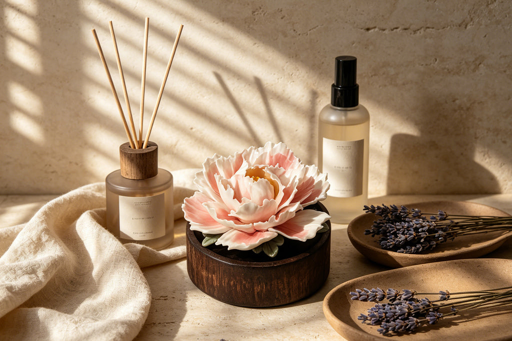 【HS0204】Hand-Sculpted Peony Ceramic Essential Oil Diffuser - Waterless & Silent