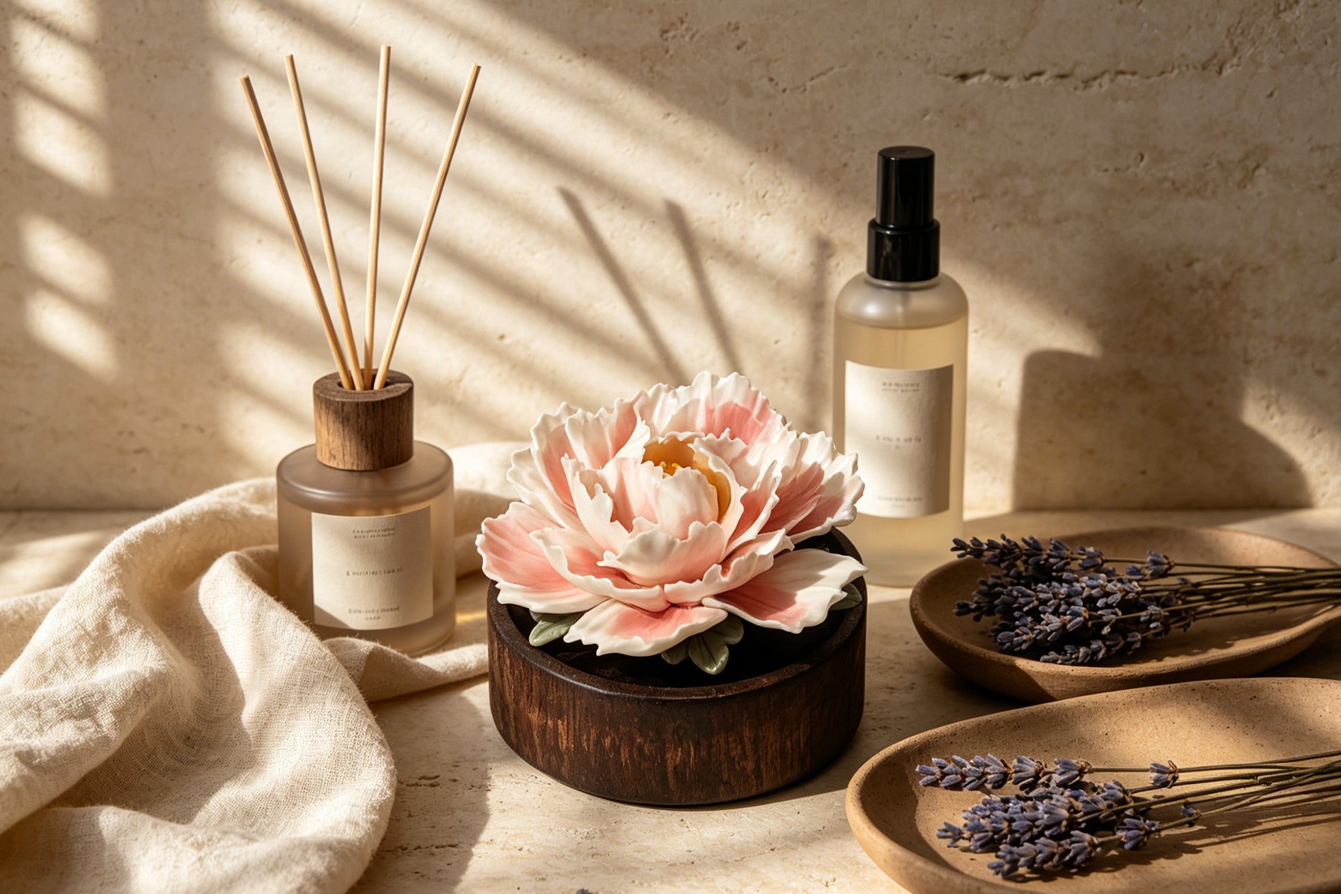 【HS0204】Hand-Sculpted Peony Ceramic Essential Oil Diffuser - Waterless & Silent