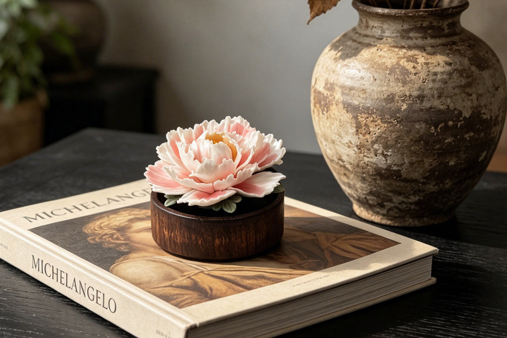 【HS0204】Hand-Sculpted Peony Ceramic Essential Oil Diffuser - Waterless & Silent
