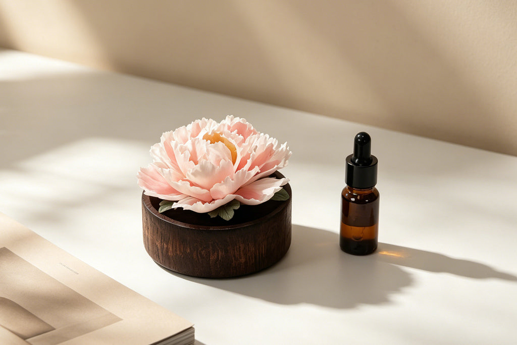 【HS0204】Hand-Sculpted Peony Ceramic Essential Oil Diffuser - Waterless & Silent